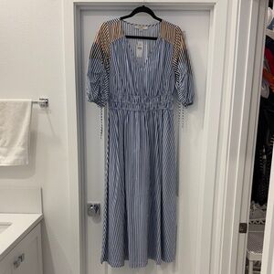 LOFT Elegant Long Sleeve Striped Dress in Blue and Brown